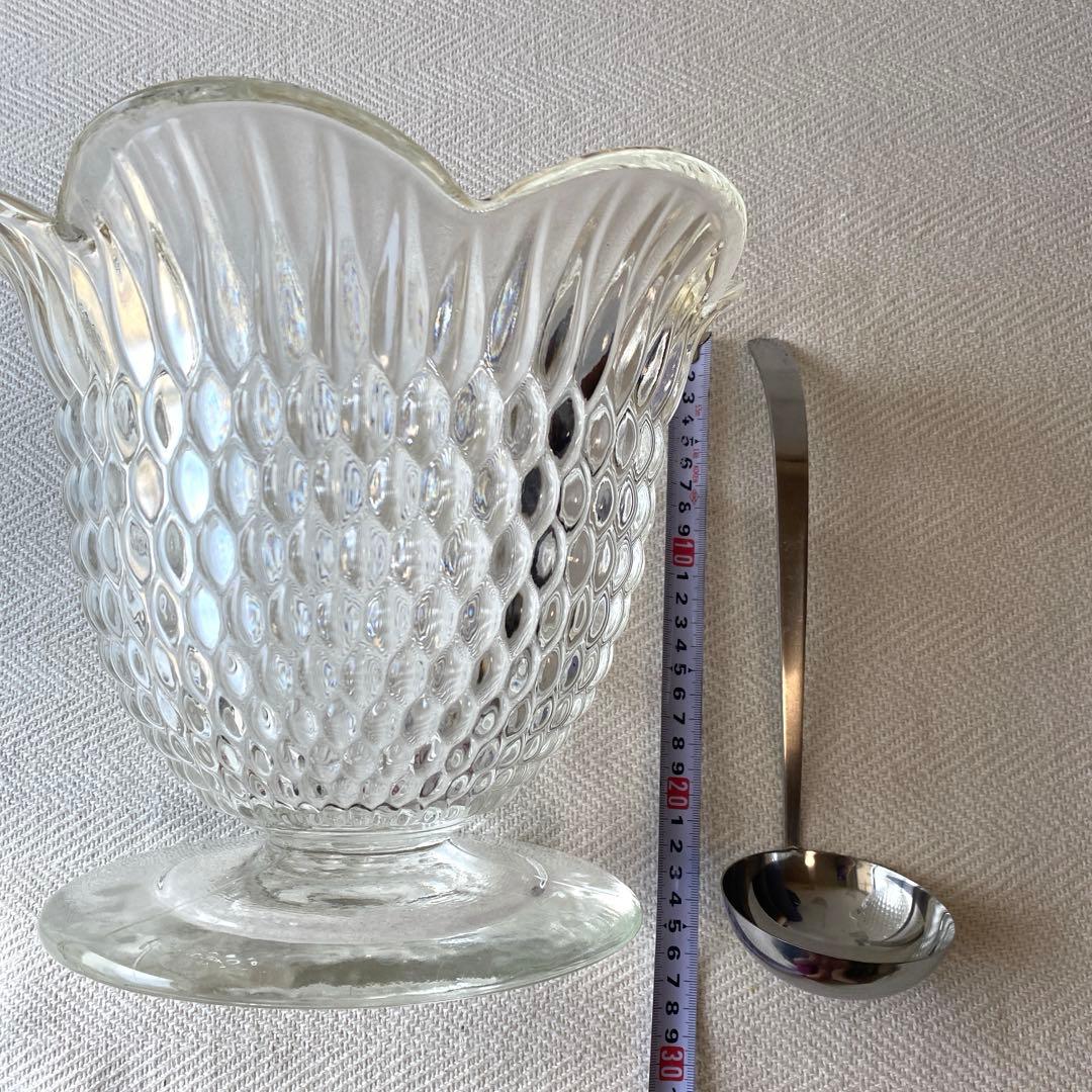 ①70年代 フルーツポンチ クリアプレスガラス 器 大型 花型 お玉付