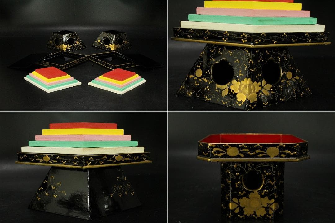 雛祭り 小さな 唐草蒔絵 雛道具 一式 時代物 骨董 漆器(LC905)