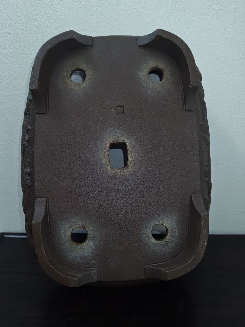 ドラゴン彫刻の陶器の盆栽鉢 約41cm×32cm×13cm　落款あり