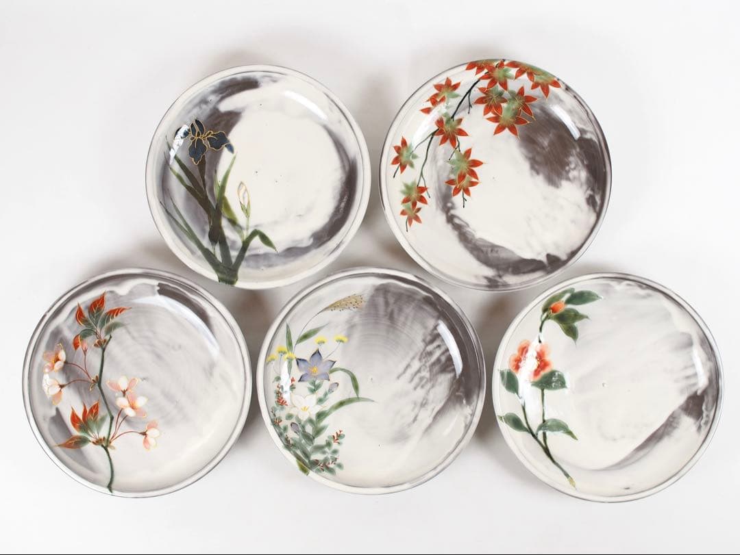 陶葊 陶あん 清水焼 京焼 大皿 8寸 24cm 5枚揃い 白掛五草花 共箱付き