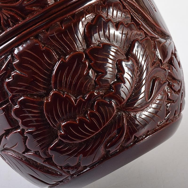 無形文化財　三野原晃一作　村上堆朱　牡丹文　棗　香合　共箱　2点　M　R8069