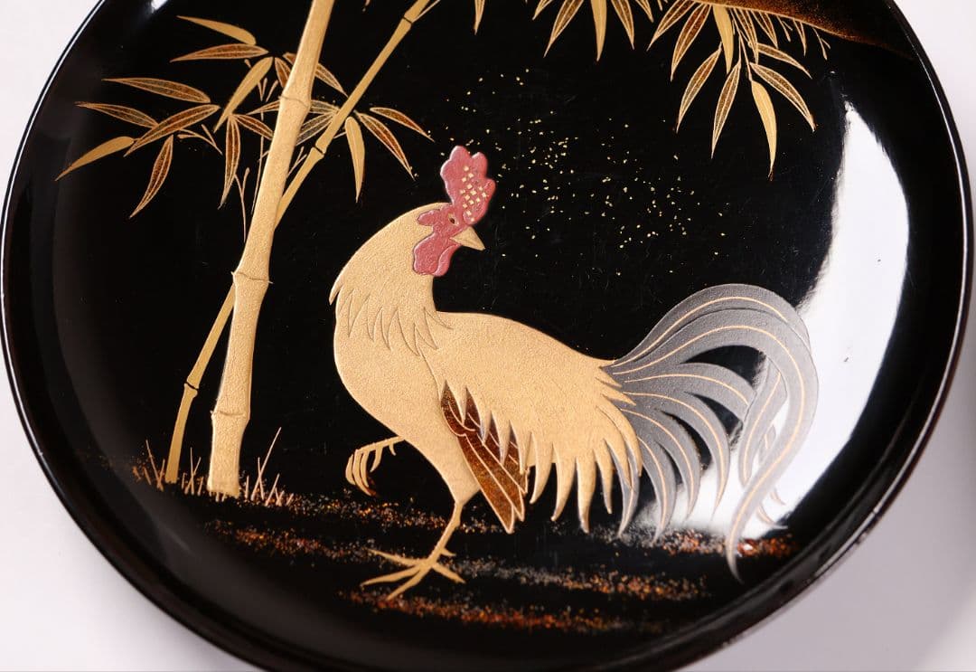 【CM353】時代蒔絵椀 竹に鶏金蒔絵 平椀三客 木製 /(検) 輪島塗加賀能登