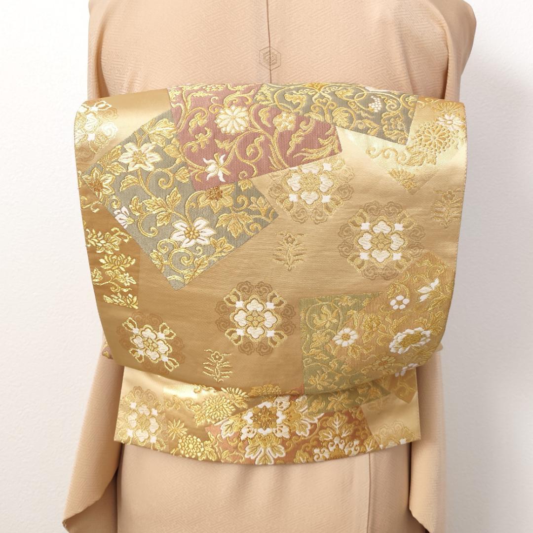 【作り帯】袋帯 二重太鼓 色紙 華文 金糸 箔 二部式帯 F096