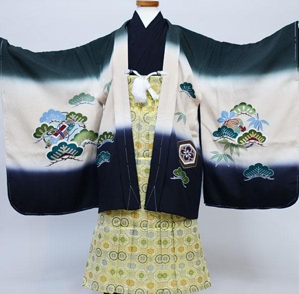 七五三 五歳 男児 羽織袴フルセット 正絹 深緑×黒 袴変更可能 NO34181