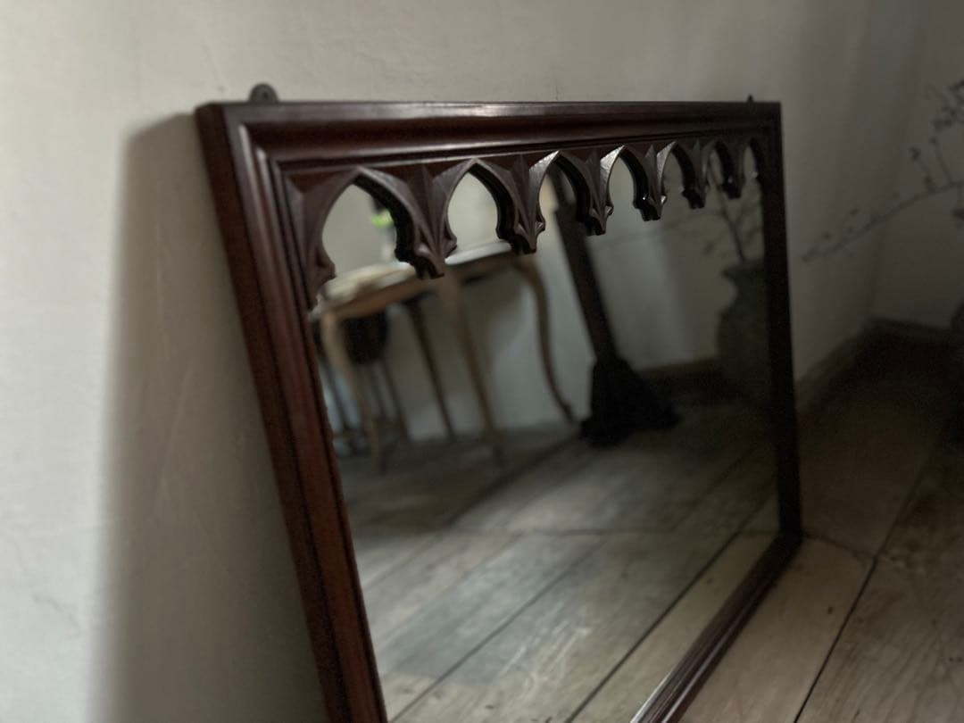 アンティーク 大型ウォールミラー 壁掛け鏡 姿見 ゴシック アーチ装飾
