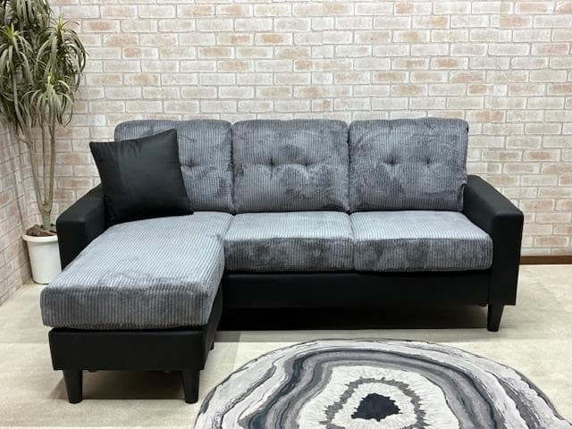 カウチソファ　３人掛け　コーデュロイ　BK　新品　大特価