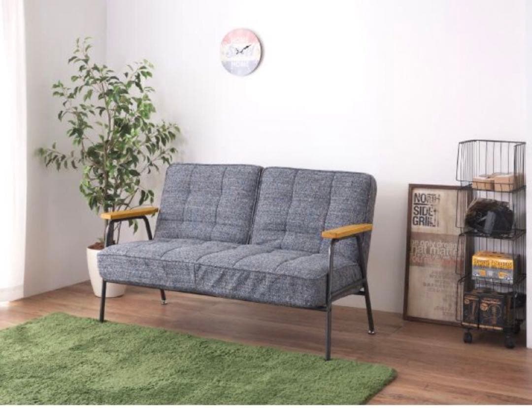 デニム柄2人掛けリクライニングソファ、ソファベッド