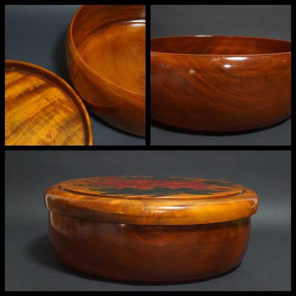 煎茶道具 烏城彫 栃材 細工彫り『牡丹文』刳り貫き大型茶櫃 茶びつ 茶ひつ取込盆