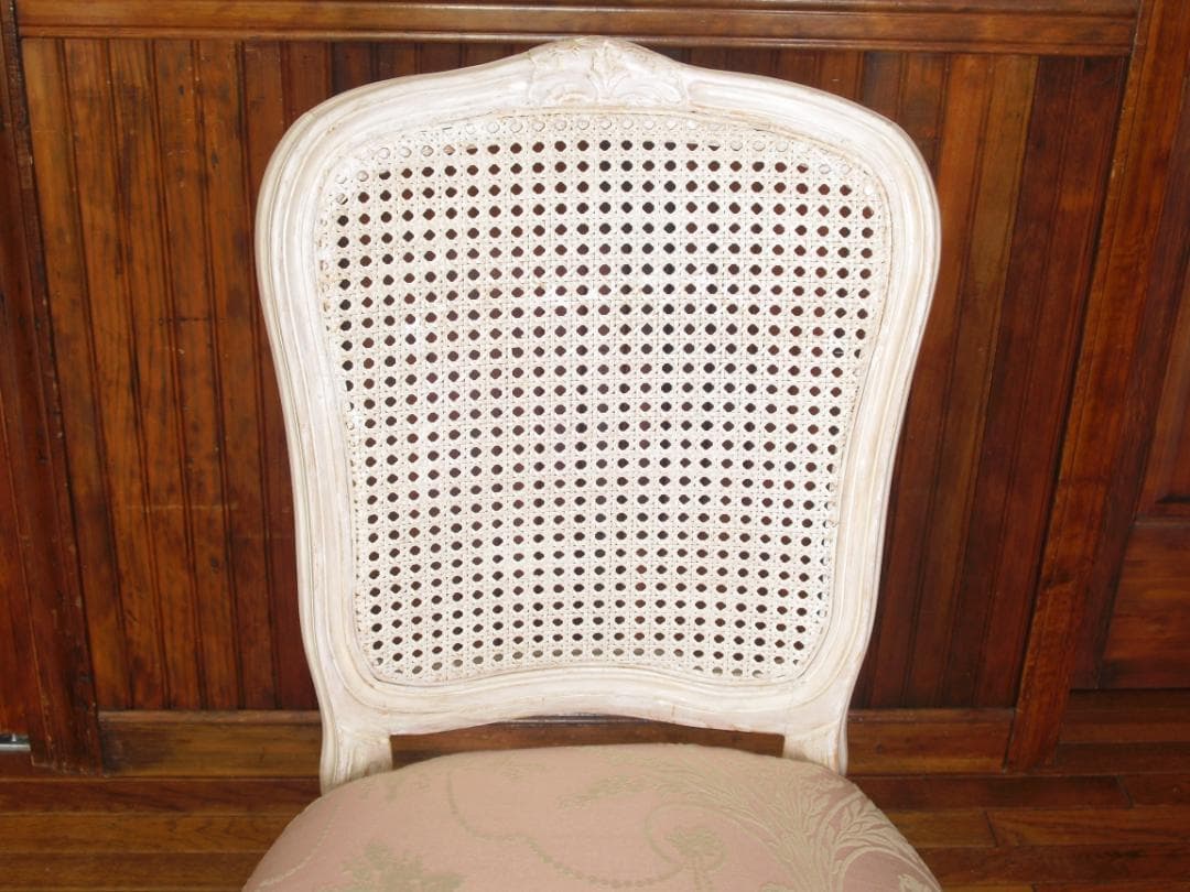 イタリア製 木製チェア☆背もたれメッシュ 木彫 草花ピンクファブリック張替済