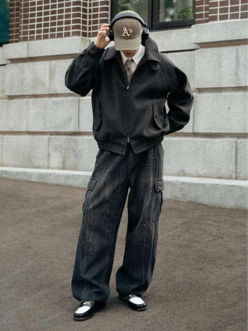 「美品」Bleme ダブルジップ メルトンハリントンジャケット　チャコール　L