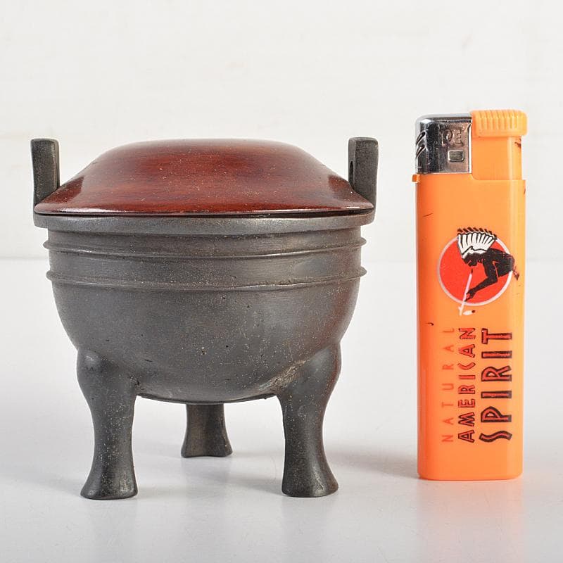 中国　古銅　双耳三つ足鼎　香炉　唐木蓋付　M　R7404