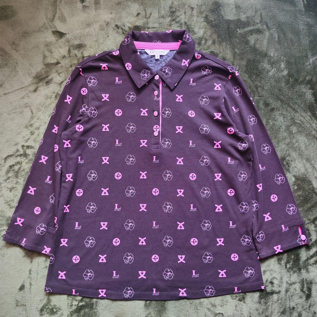 【未使用級】レオナール長袖コットンポロシャツ 総ロゴマーク花柄ブラウン42XL