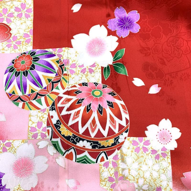 511ag21■七五三 七歳 女児 着物&丸帯 手鞠 桜 赤■美品