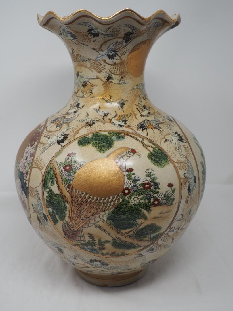 色絵金襴手花鳥群鶴文壺﻿　栄盛窯　瀧山作　ツル　花瓶　-SO