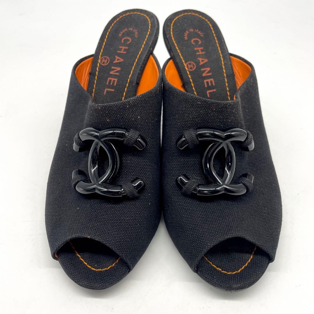シャネル サンダル ミュール ココマーク キャンバス ブラック オレンジ 24㎝