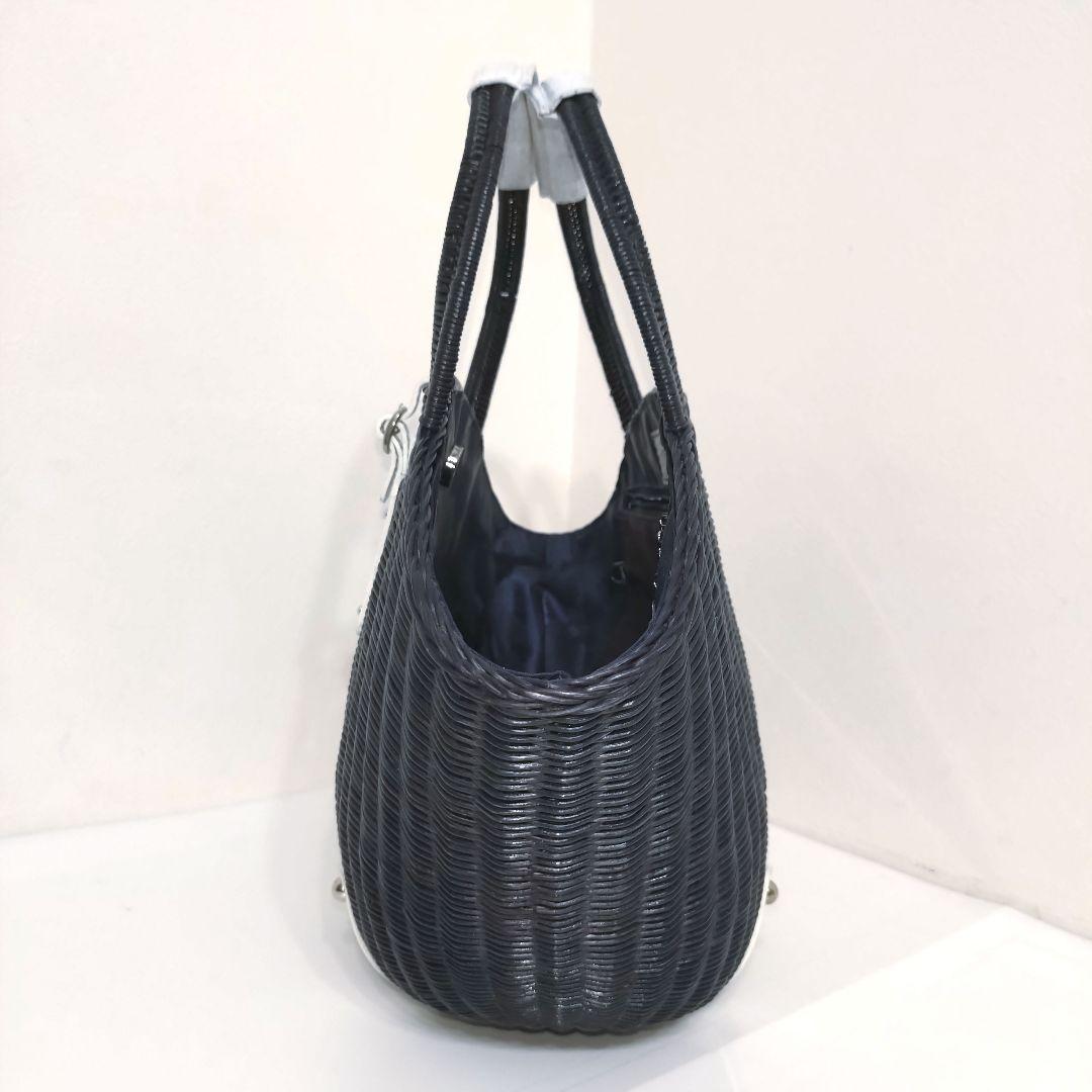 ✨美品✨銀座かねまつ　ラタン かごバック　ネイビー × ホワイト