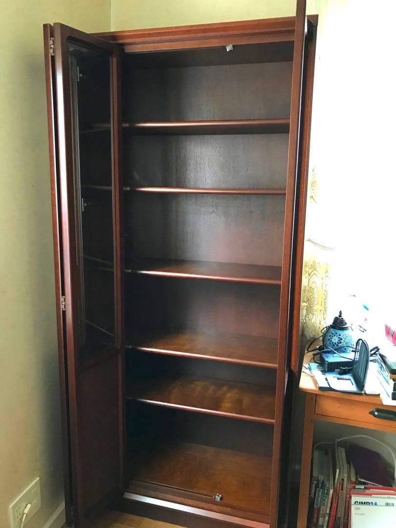 本棚 ブラウン木製キャビネット ガラス扉 5棚