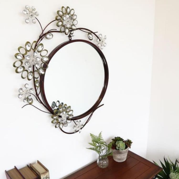 輸入雑貨　ロートアイアン　『ジュエルフラワーミラー』　クリスタルガラス