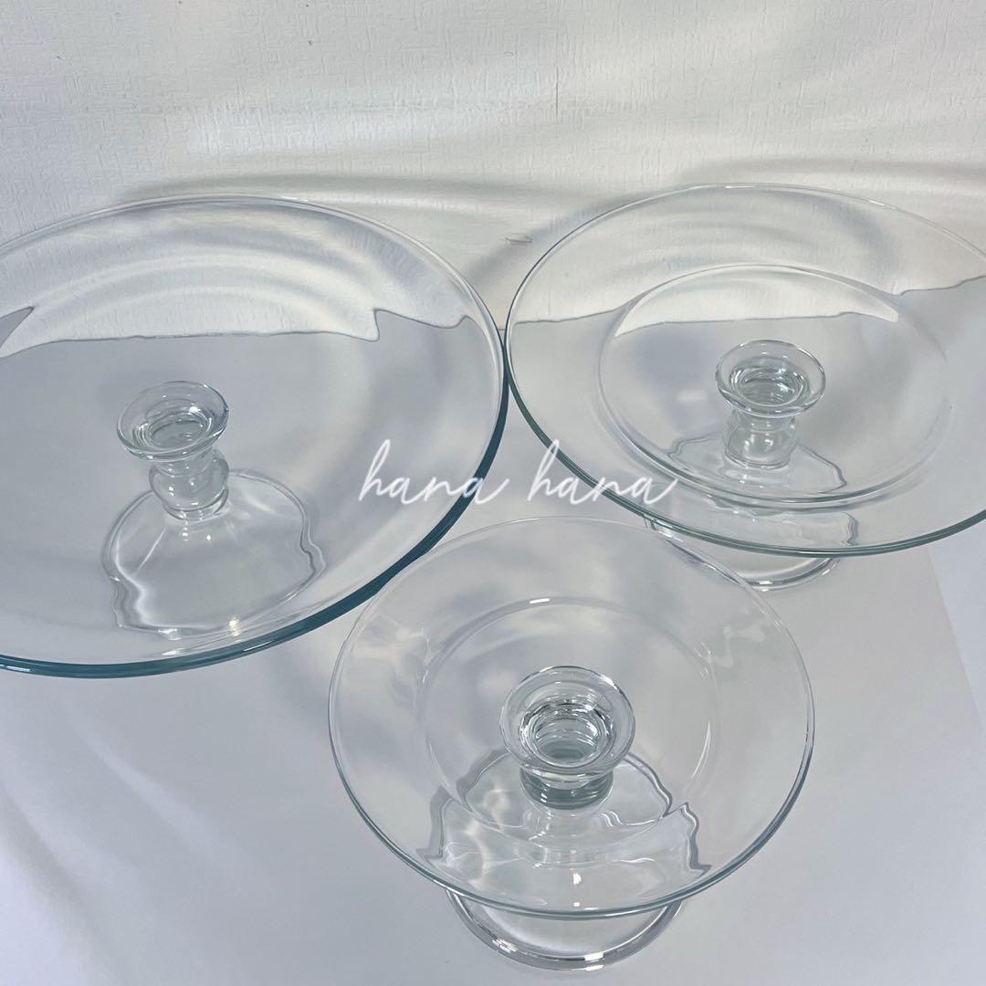 大型 ガラス プレート スタンド 3個 クリア 透明 パーティー デザート 皿
