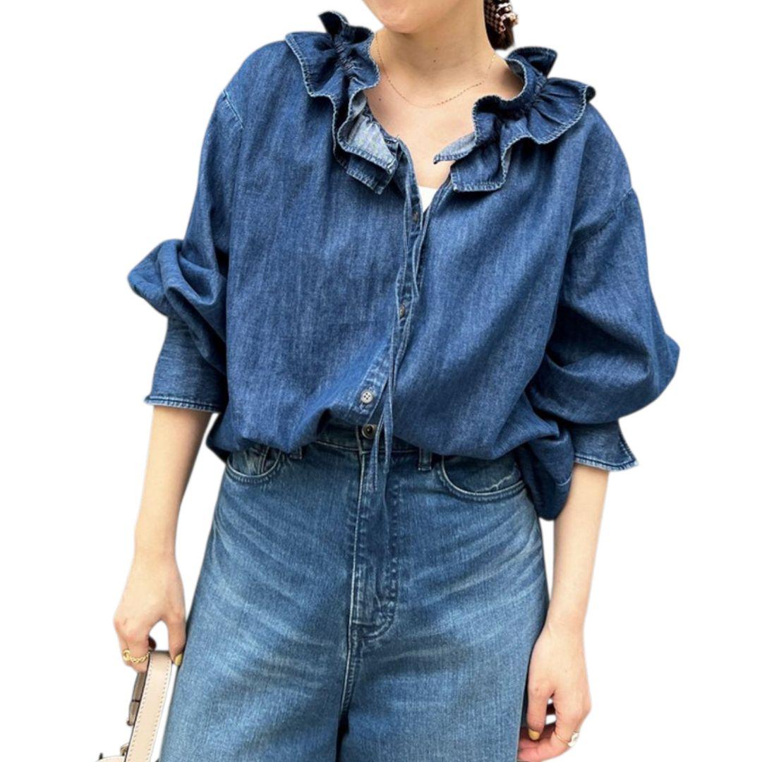 未使用★ノーリーズ★RM denim★リエミラー★フリルギャザーデニムブラウス