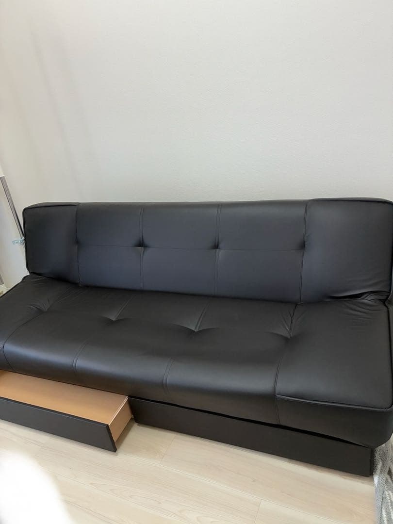 収納付きソファーベッド　シングル　ブラック　合皮