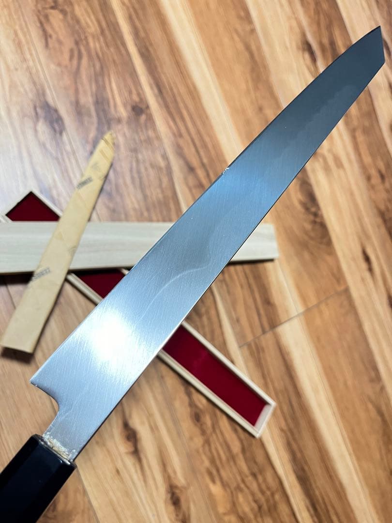 国内生産　新品未使用　包丁　切付　尺一　富士山　鏡面　黒檀八角柄　木箱付　印なし