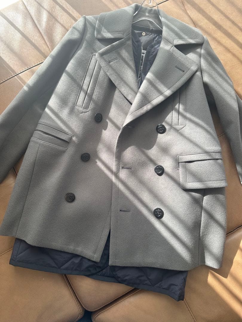 sacaiグレー ウール ダブルブレスト ピーコート