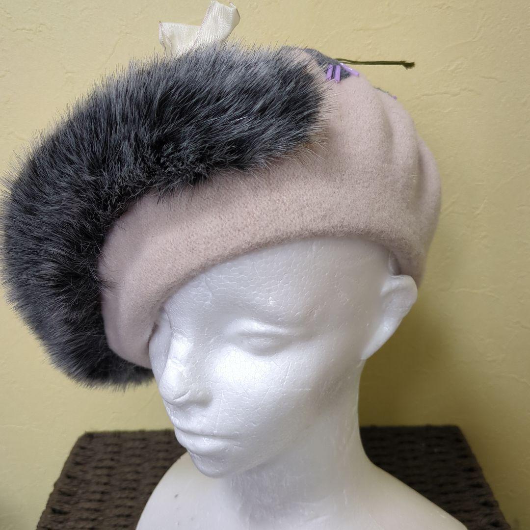 カシラ　猫デザイン ベレー帽 グレー ピンク