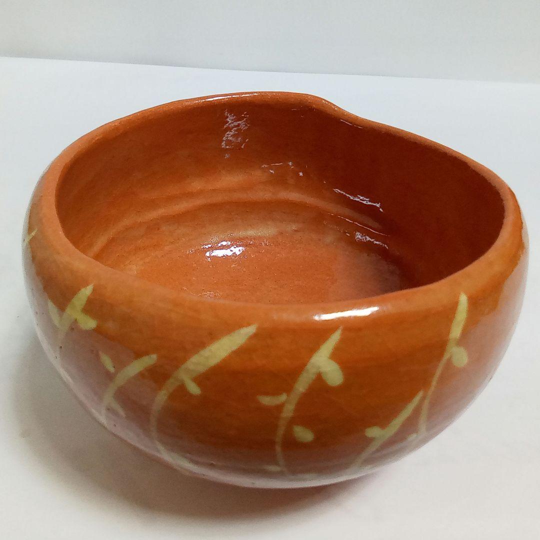 抹茶茶碗　桃型赤楽　了入「桃柳」写し　吉村楽入