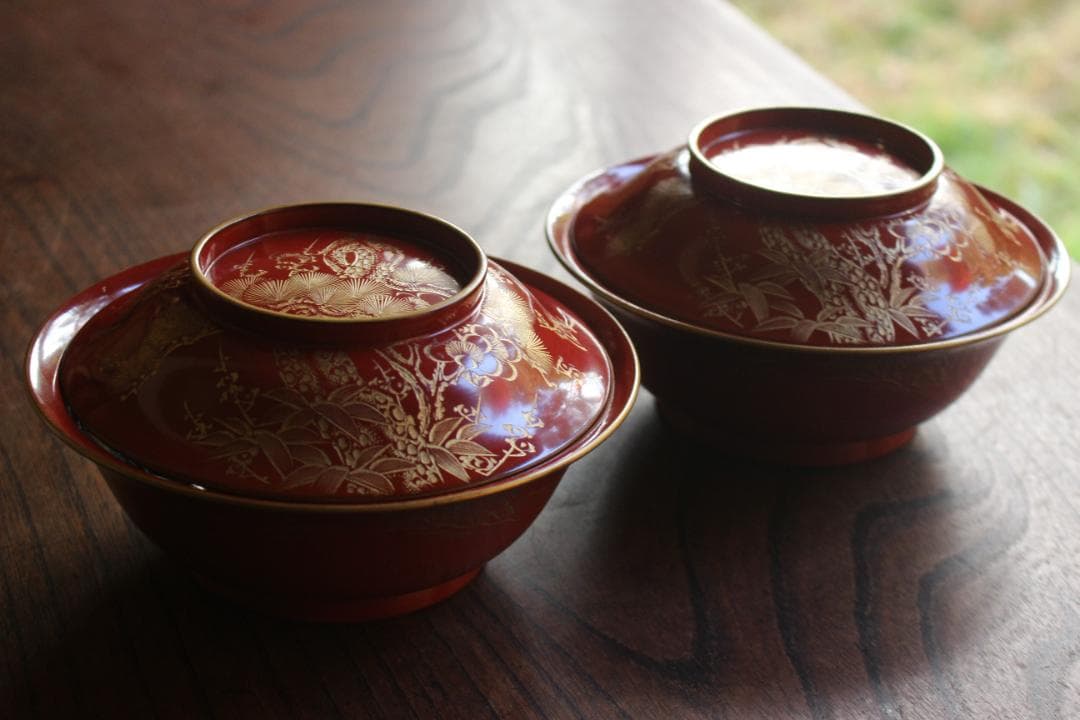 デッドストック！時代金縁朱漆に極上松竹梅沈金の映える大椀2点（検輪島塗雑煮椀