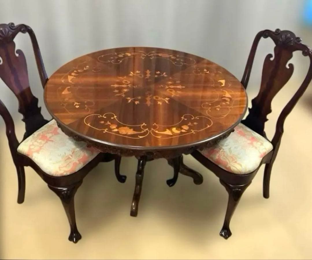 [地域限定送料無料] アンティークイタリア製象嵌猫脚ダイニングテーブル