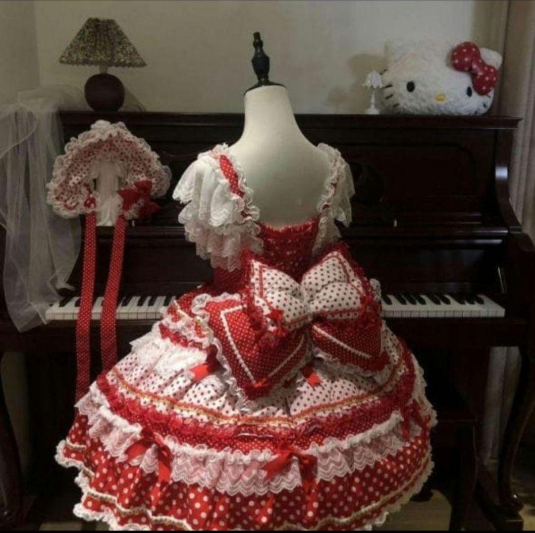 4点セットゴスロリ ロリータドレス　ロリィタ　メイド服　赤と白　水玉模様 甘ロリ