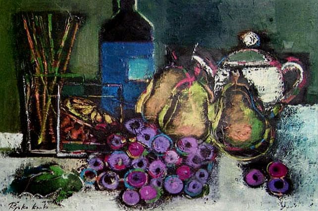 油絵 絵 絵画インテリア 額付(白) uF6-061504 果物 ワインポット