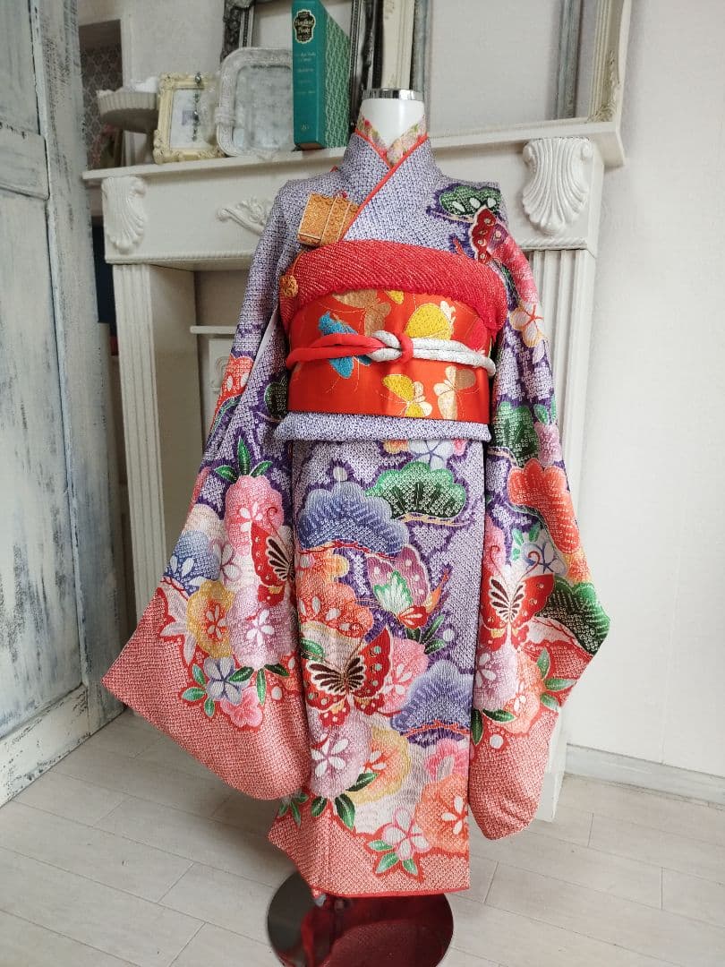 薄い紫オレンジの着物と帯のセット