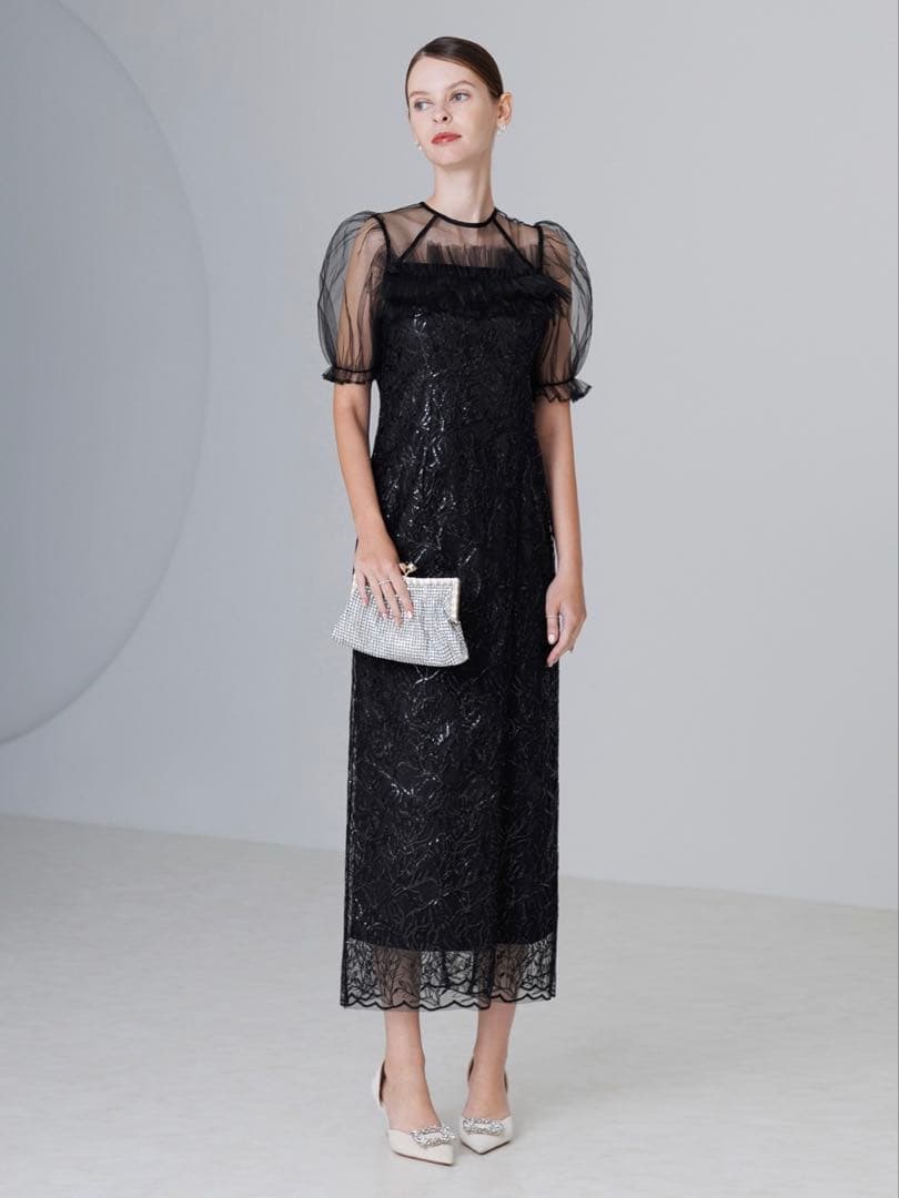 チュールフラワースパンコールIラインワンピースドレス結婚式パーティー成人式二次会