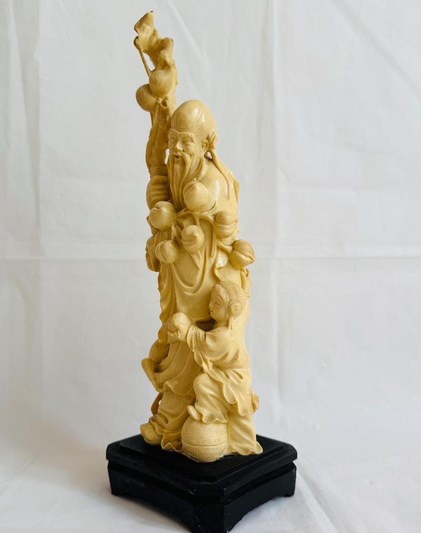 アンティーク調 樹脂製 彫刻 仙人像 寿老人 鶴 子供 桃 縁起物 インテリア