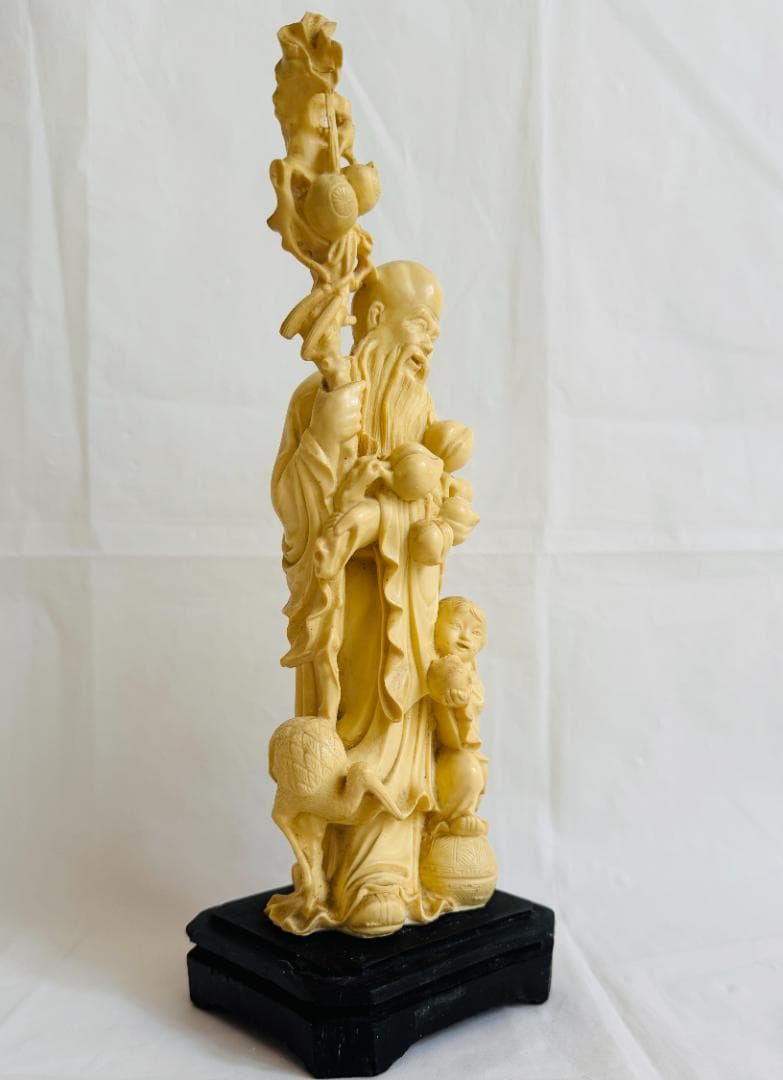 アンティーク調 樹脂製 彫刻 仙人像 寿老人 鶴 子供 桃 縁起物 インテリア