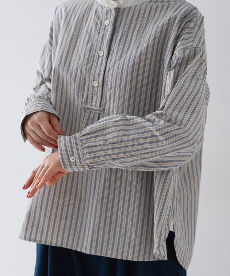 nest Robe : コットンストライププルオンシャツ●F●グレー×ブルー