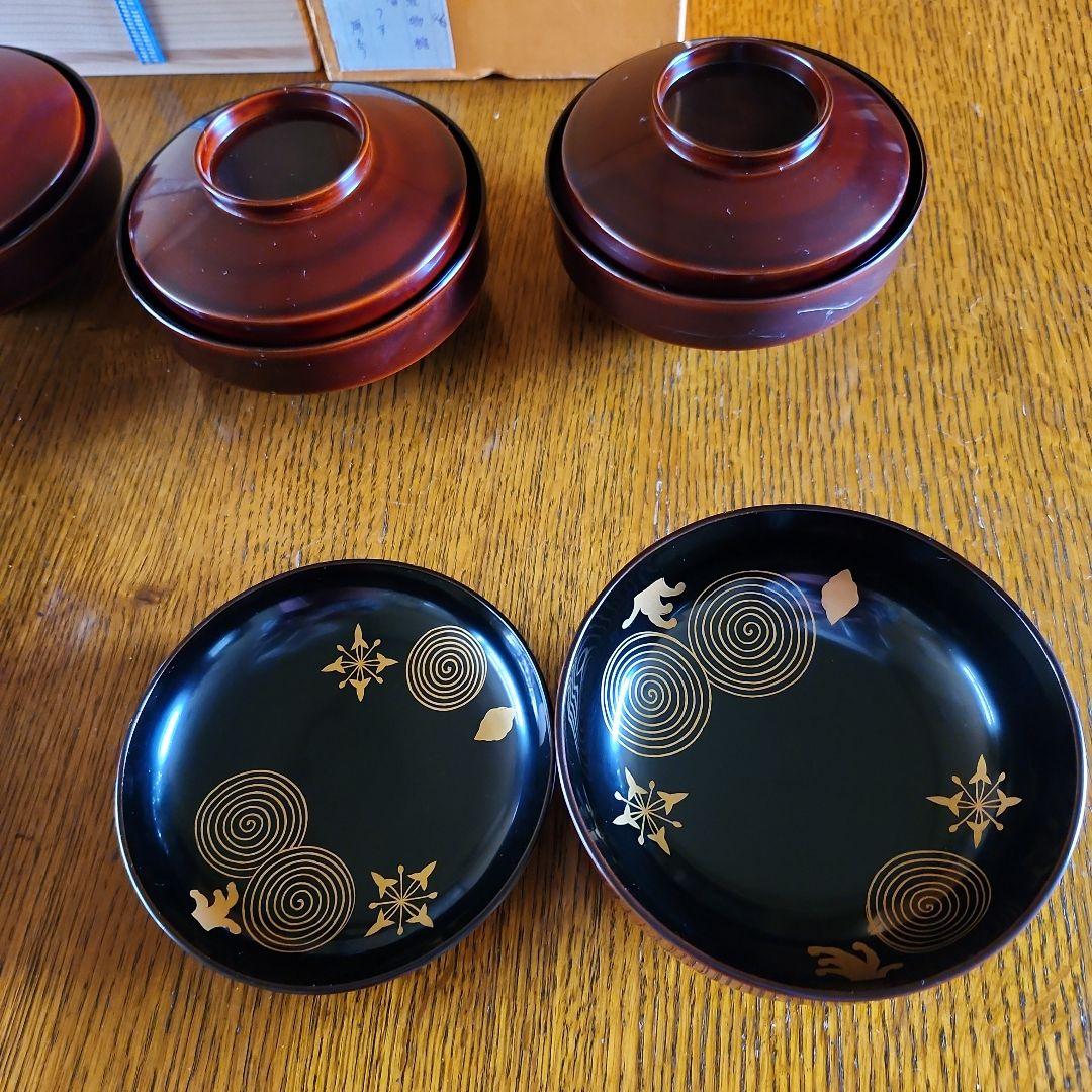 赤い木製蓋つき煮物椀5個セット