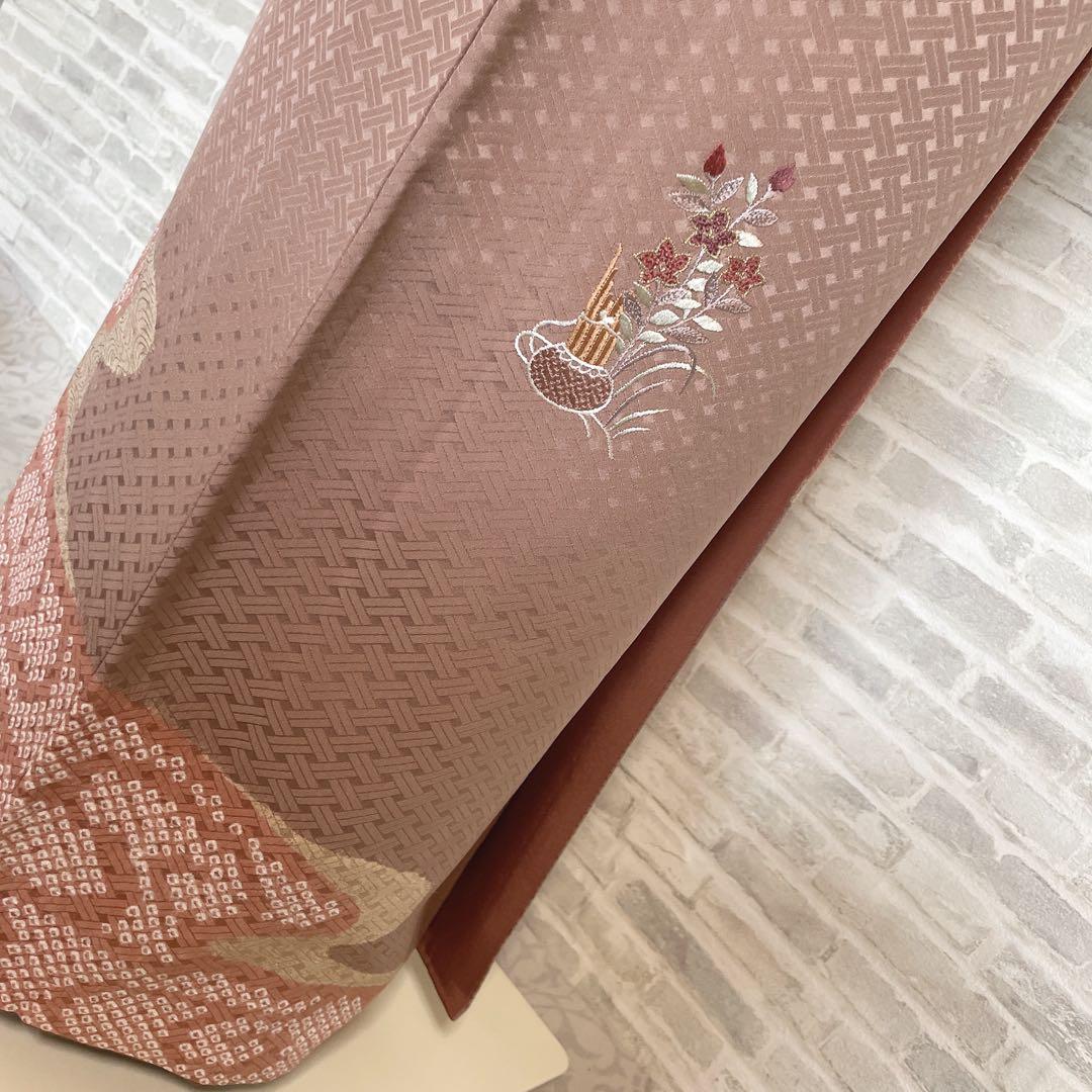 訪問着　フルセット　花　観世水　鹿の子絞り　相良刺繍　手刺繍　着物　L2