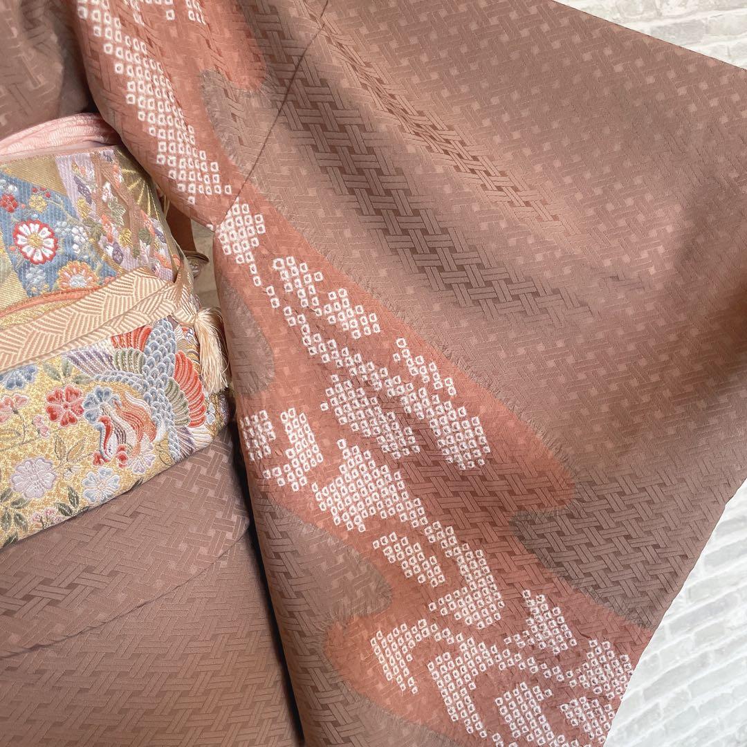 訪問着　フルセット　花　観世水　鹿の子絞り　相良刺繍　手刺繍　着物　L2