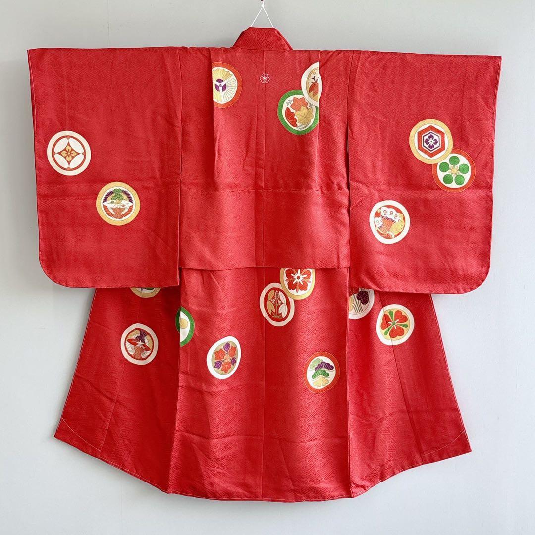 七五三　7歳女の子　フルセット　きもの　赤　小振袖　古典柄　家紋　7289