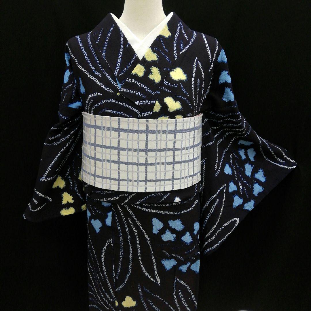 有松鳴海絞り 浴衣 ( 黃白水色花紋様　藍色　手縫い仕立て　居敷当て付)