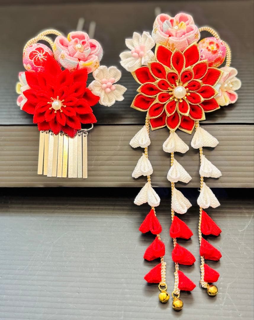 七五三髪飾りセット 7歳 パステルカラー 赤色×白色 7-14