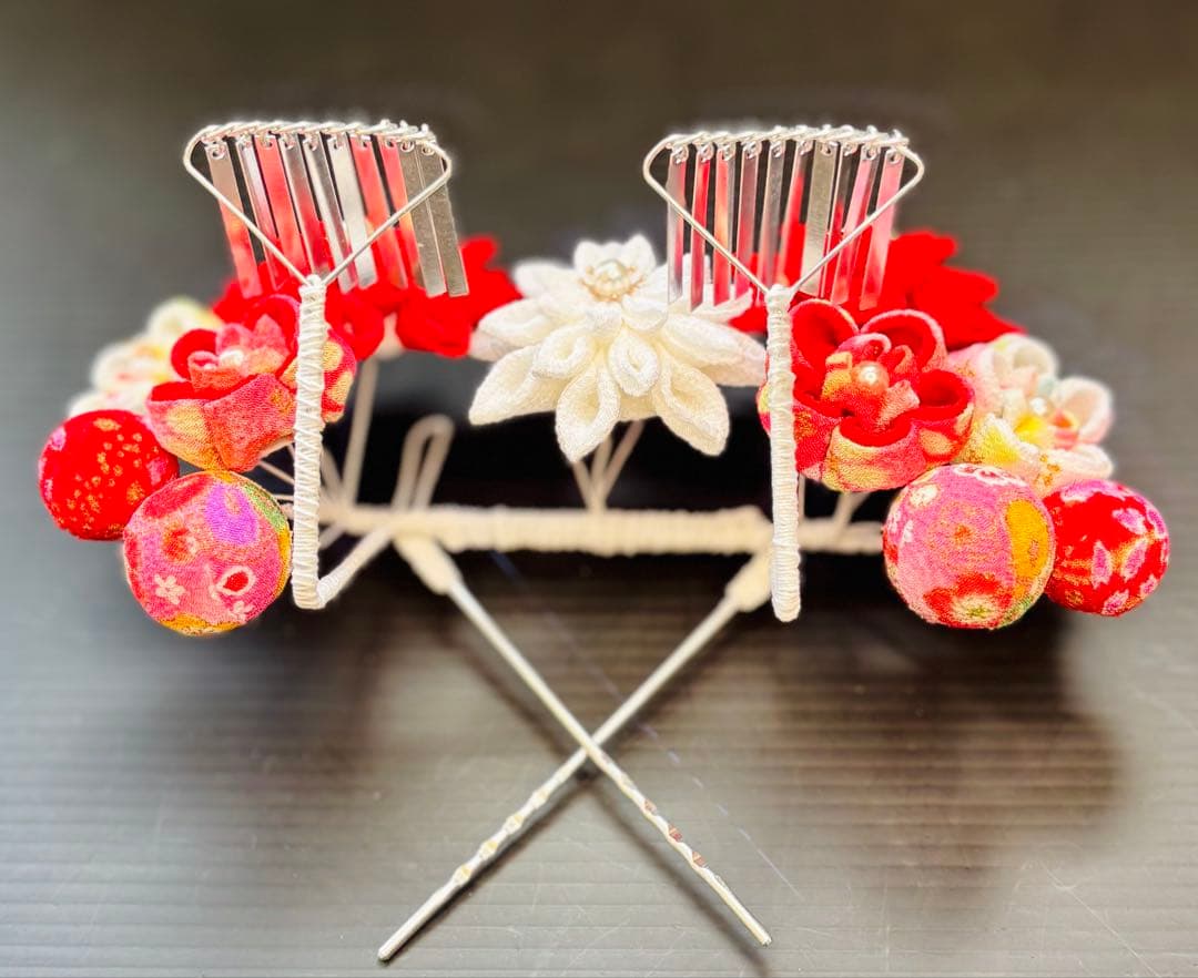 七五三髪飾りセット 7歳 パステルカラー 赤色×白色 7-14