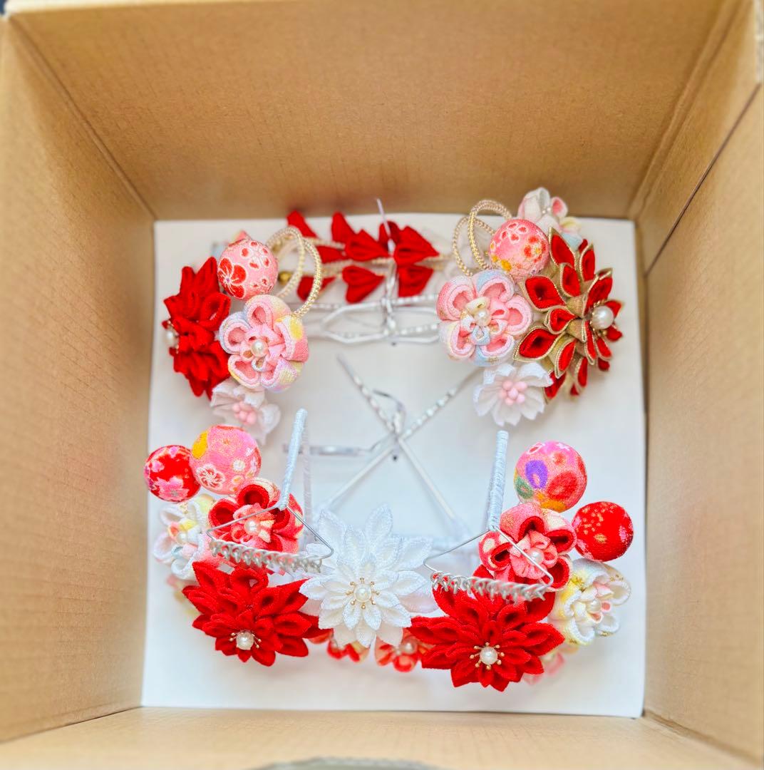 七五三髪飾りセット 7歳 パステルカラー 赤色×白色 7-14