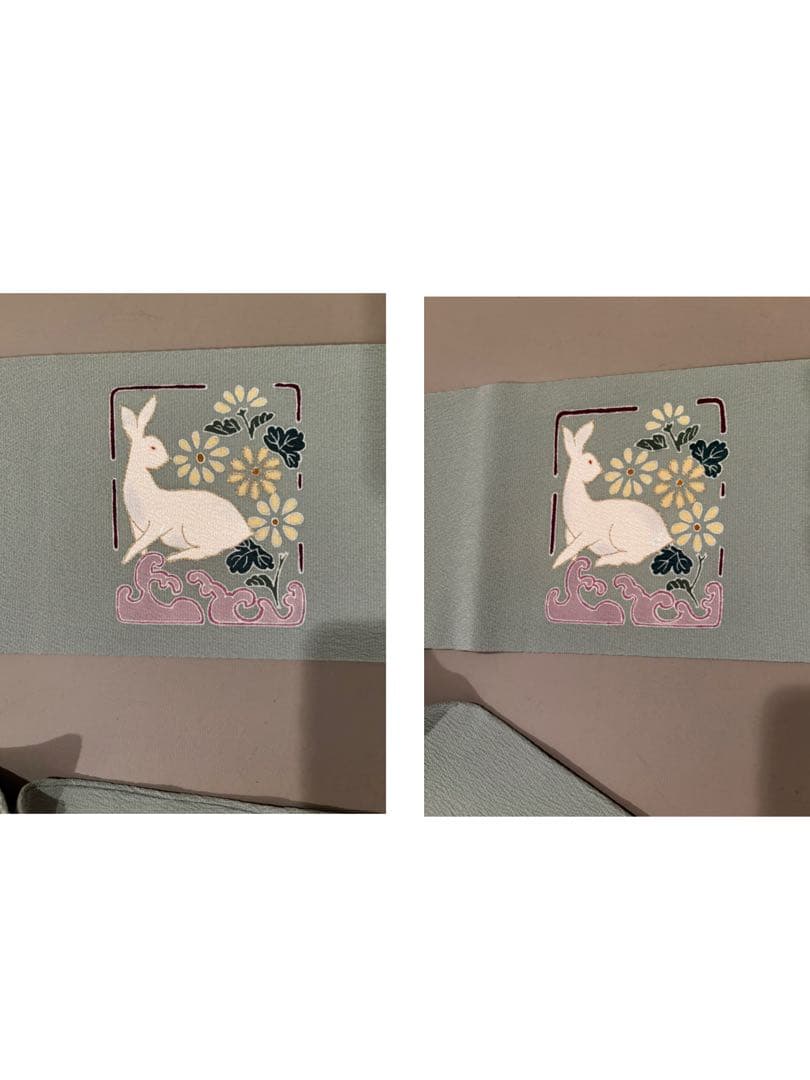 正絹 縮緬 九寸名古屋帯 金彩 花兎 手描き友禅 美品