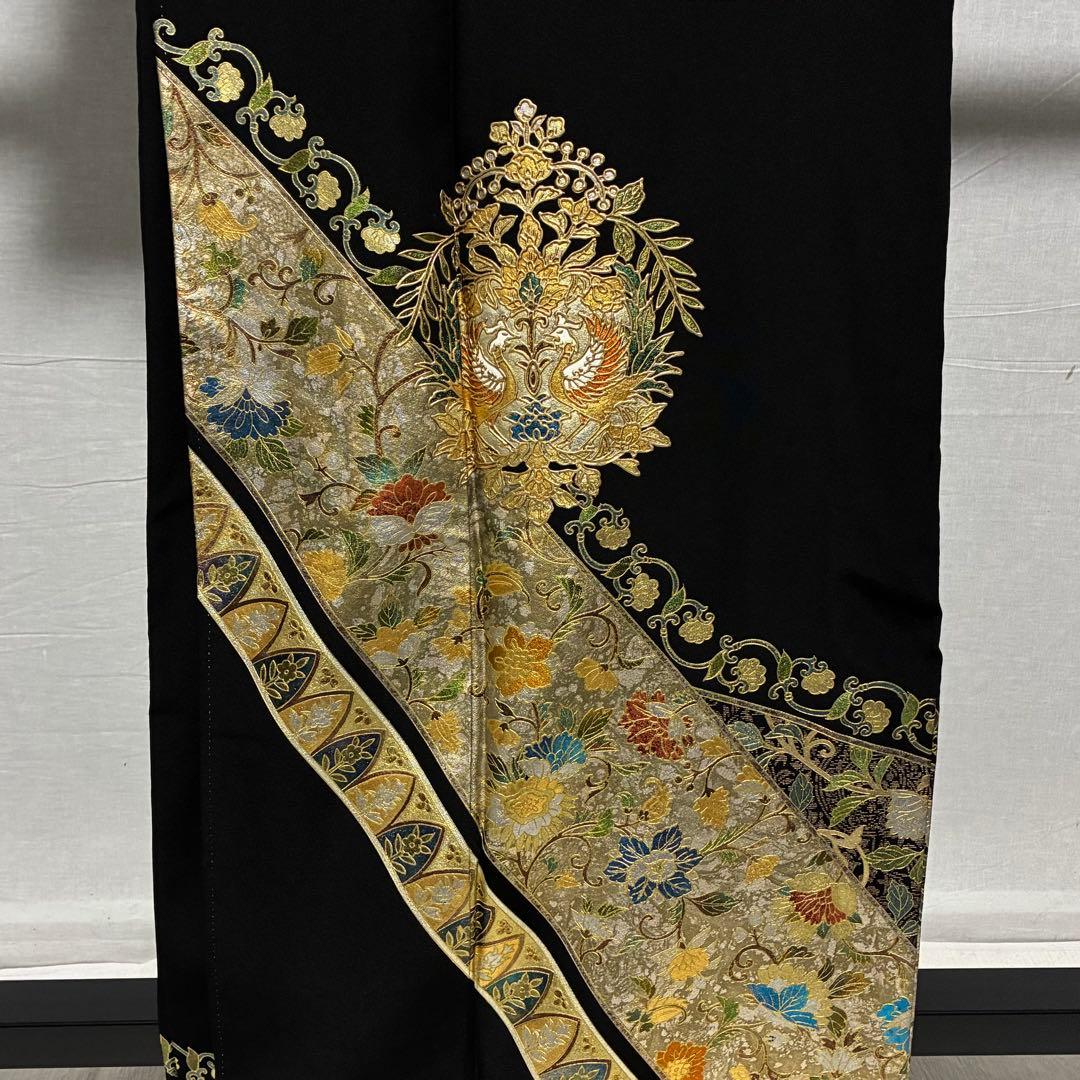 D7 黒留袖 鳳凰 唐草 金箔 正絹 着物 袷 極美品