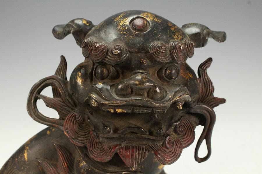 色絵銅 親子獅子 置物 24.5cmx14cm 時代物(K-XA771)