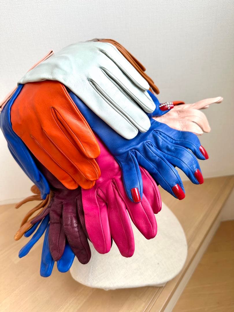 イタリア製の山羊革手袋付　ハット帽子　カラフル　1点物ハンドメイド　アートハット